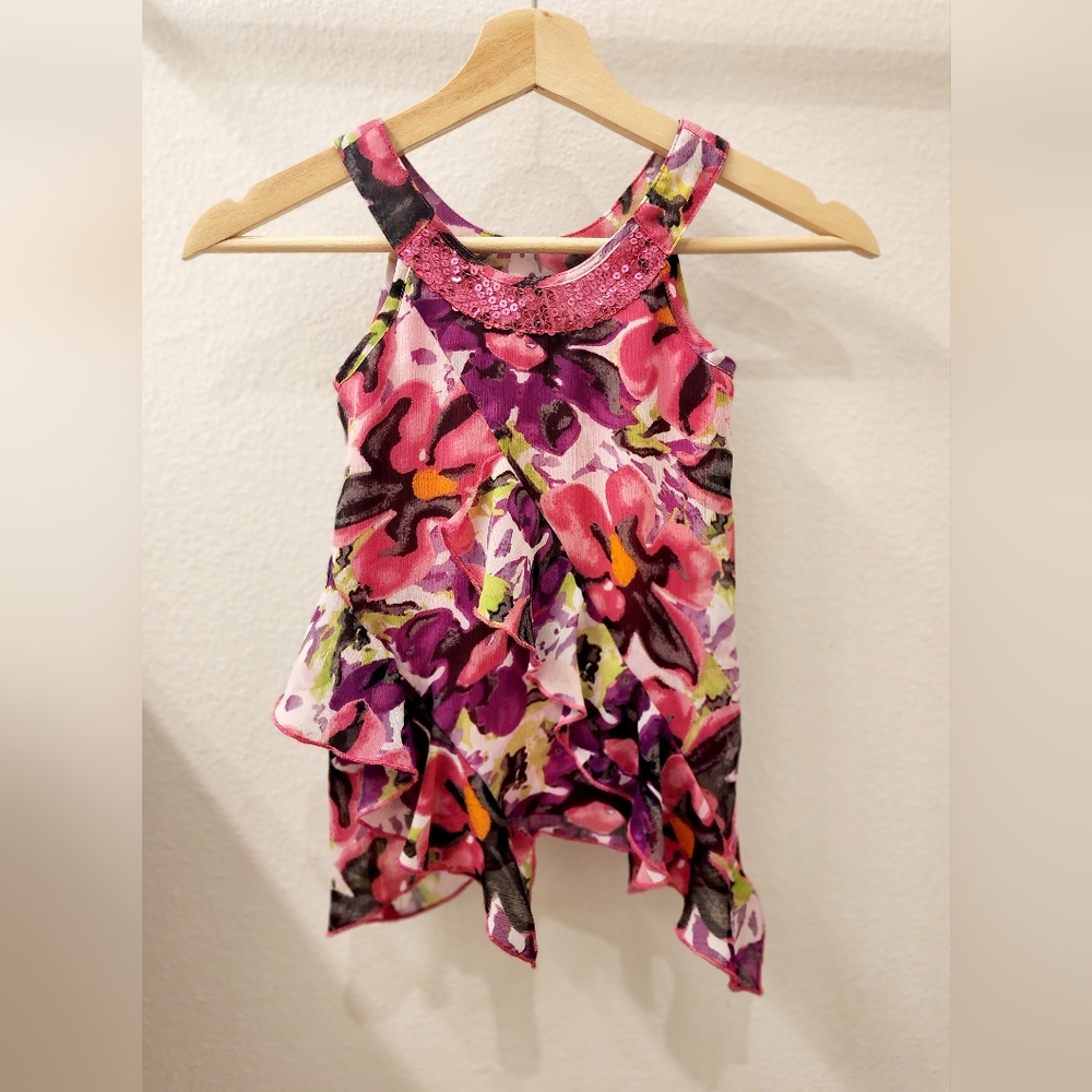 POGO CLUB Sequined Collar Ruffled Floral Print Lined Childrens Cami Top. M5/6